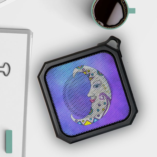 Fantasy Crescent Moon With Face Colorful Markings Bluetooth Speaker (Fantasy crescent moon with face purple, blue yellow abstract shapes on purple blue tooth speaker.)
