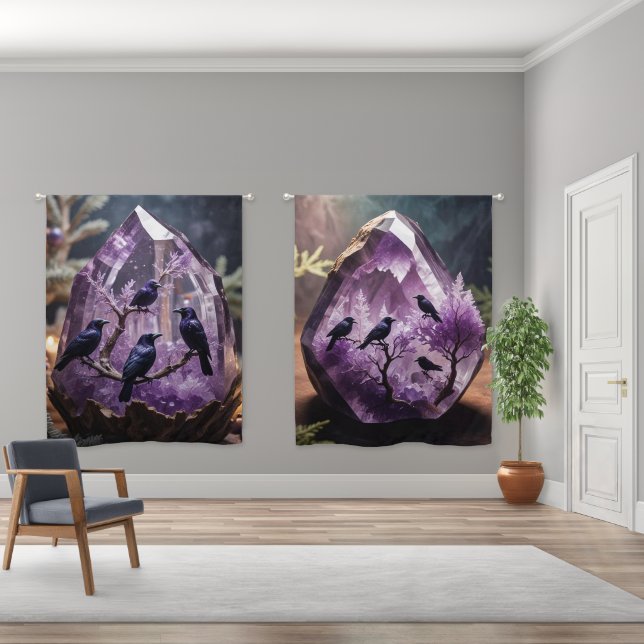 Fantasy Crows Blackbird Ravens Amethyst Crystals Blackout Curtains (Wide)