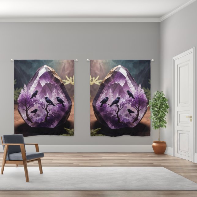 Fantasy Crows Blackbird Ravens Amethyst Crystals Blackout Curtains (Wide)