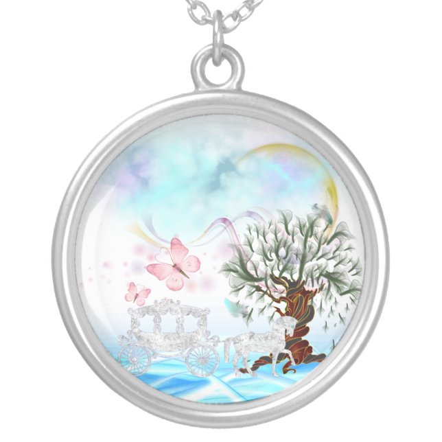 Fantasy Crystal Horse Carriage Silver Plated Necklace (Front)