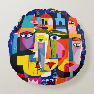 Fantasy Cute Abstract Faces Shapes Round Pillow