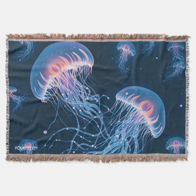 Fantasy Cute Abstract Jellyfish Underwater Throw Blanket (Front)