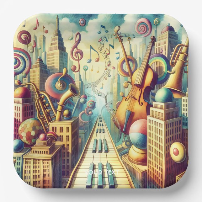 Fantasy Cute Abstract Music City Paper Plates (Front)