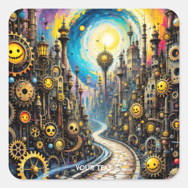 Fantasy Cute Abstract Steampunk City Square Sticker (Front)
