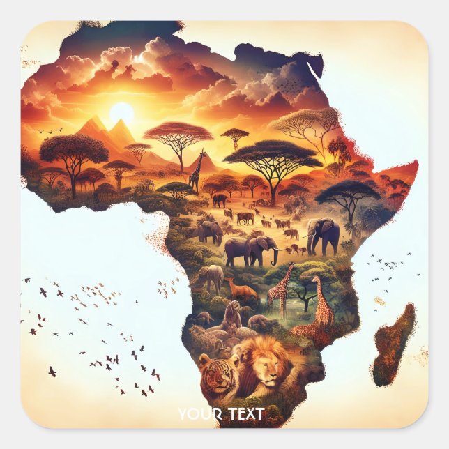Fantasy Cute Africa Animals Map Square Sticker (Front)