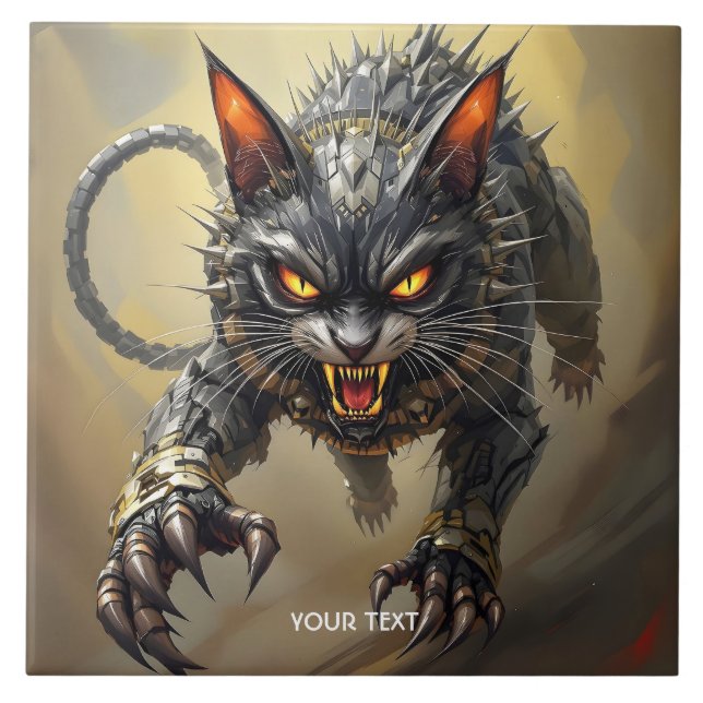 Fantasy Cute Angry Cyborg Cat Ceramic Tile (Front)