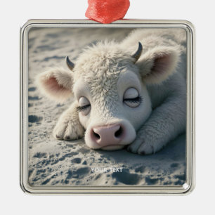 Fantasy Cute Baby Cow Sleeping Metal Ornament