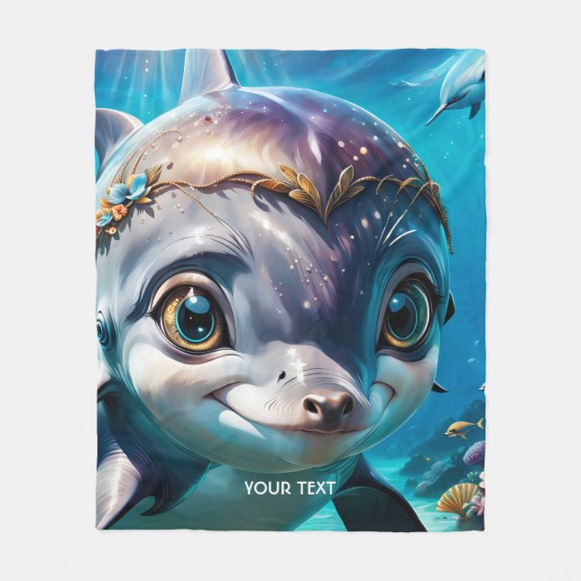 Fantasy Cute Baby Dolphin Flowers Fleece Blanket (Front)
