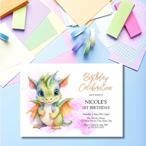 Fantasy Cute Baby Dragon Fairytale 1st Birthday Invitation