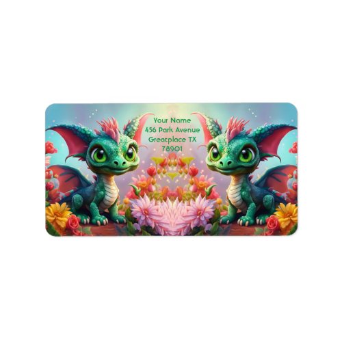 Fantasy Cute Baby Dragon Flowers Label