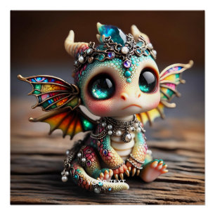 Fantasy Cute Baby Dragon Glass Poster