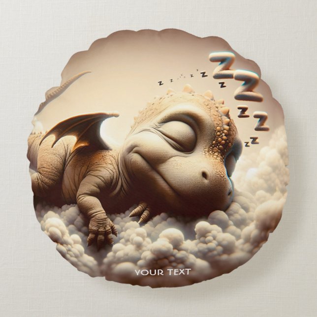 Fantasy Cute Baby Dragon Sleeping Round Pillow (Front)