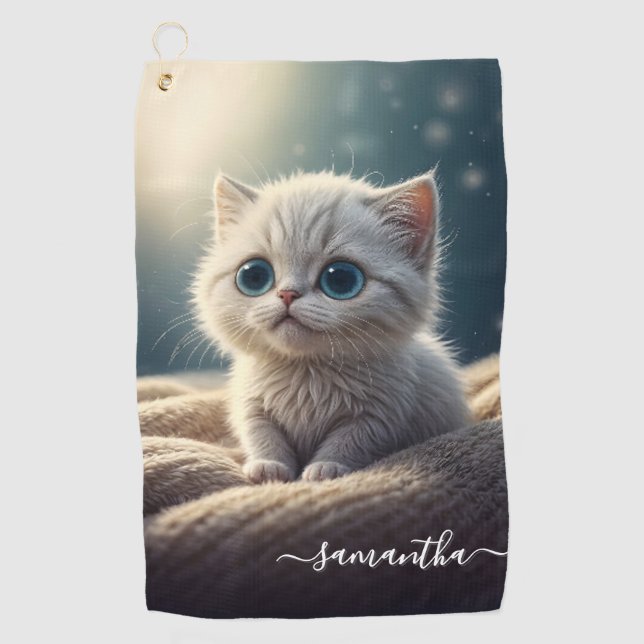 Fantasy Cute Baby Kitty Cat Lover's Personalized Golf Towel (Front)