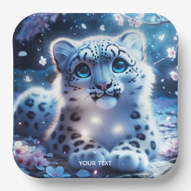 Fantasy Cute Baby Snow Leopard Paper Plates (Front)