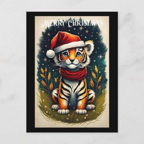 Fantasy Cute Baby Tiger Santa Christmas Postcard