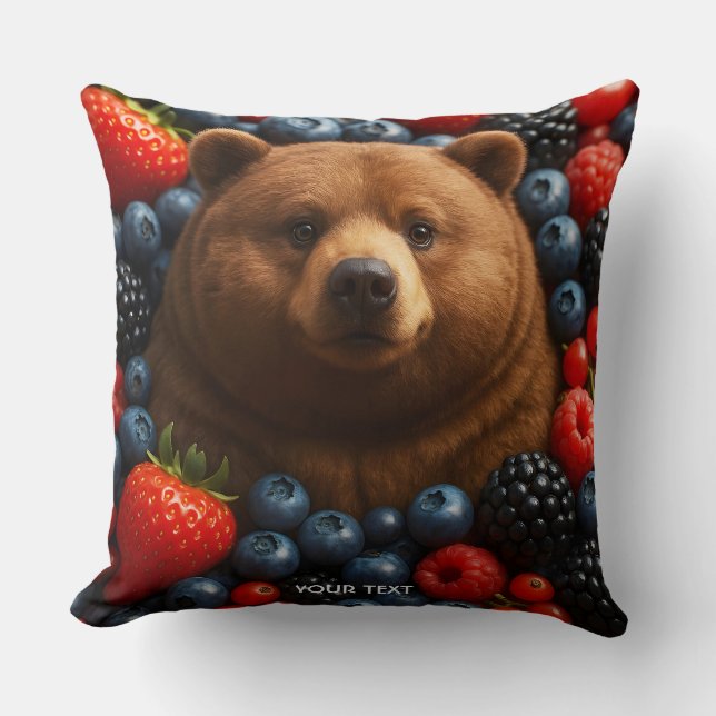 Fantasy Cute Bear With Berries Throw Pillow (Front)