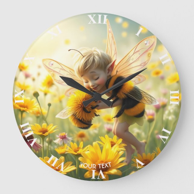 Fantasy Cute Bee Flowers Kiss Large Clock (Front)
