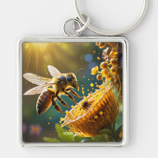 Fantasy Cute Bee Flowers Sun Keychain (Front)