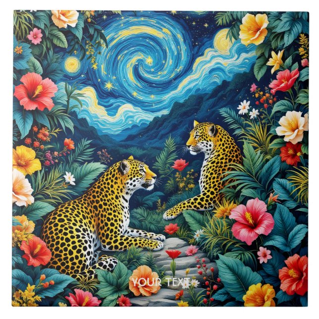 Fantasy Cute Big Cats Flowers Ceramic Tile (Front)