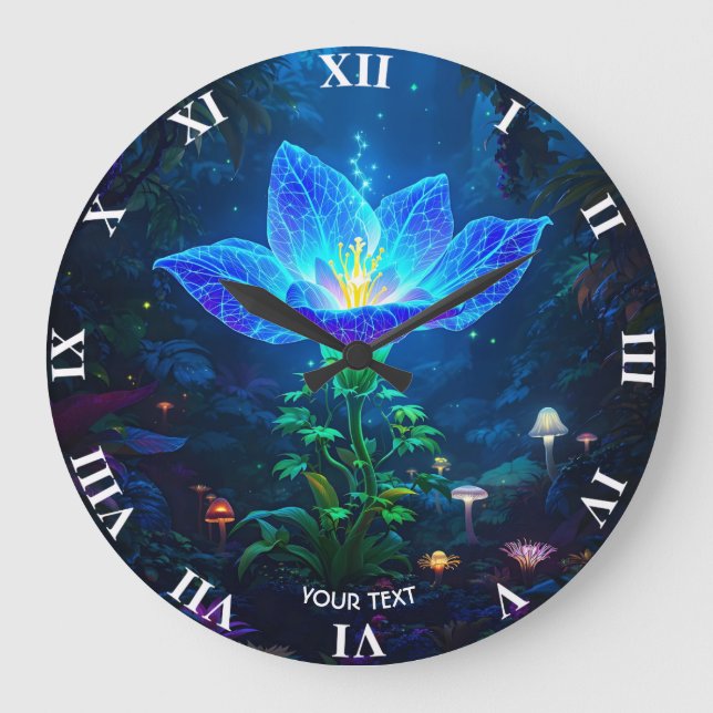 Fantasy Cute Bioluminescent Blue Flower Large Clock (Front)