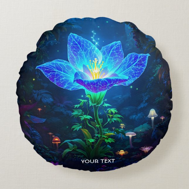 Fantasy Cute Bioluminescent Blue Flower Round Pillow (Front)