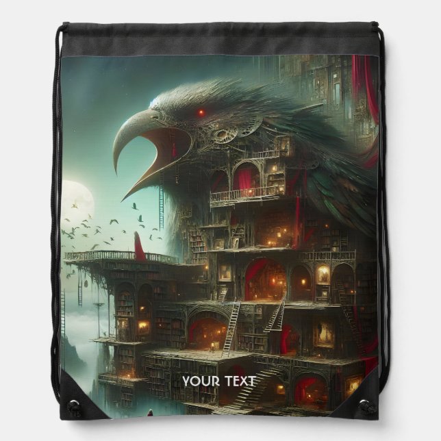 Fantasy Cute Bird House Library Drawstring Bag (Front)