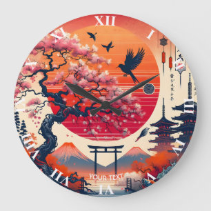 Fantasy Cute Bird Sakura Sun Large Clock