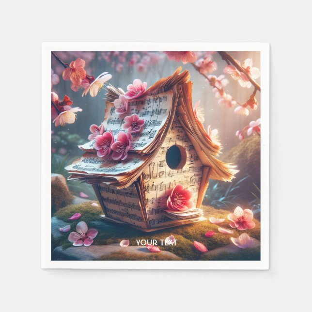 Fantasy Cute Birdhouse Notes Sakura Napkins (Front)