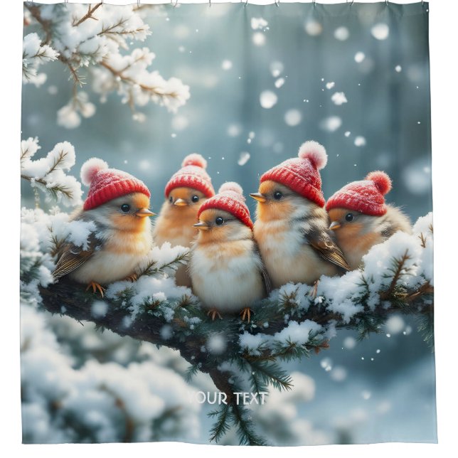 Fantasy Cute  Birds Hat Snow Shower Curtain (Front)