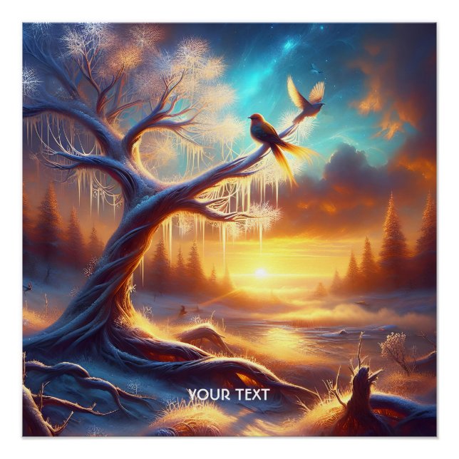 Fantasy Cute Birds Sunset Tree Poster (Front)