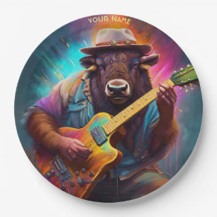 Fantasy Cute Bison Playing Guitar Paper Plates