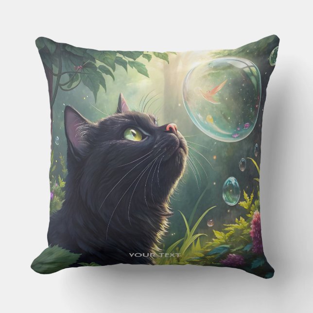 Fantasy Cute Black Cat Forest Throw Pillow (Front)