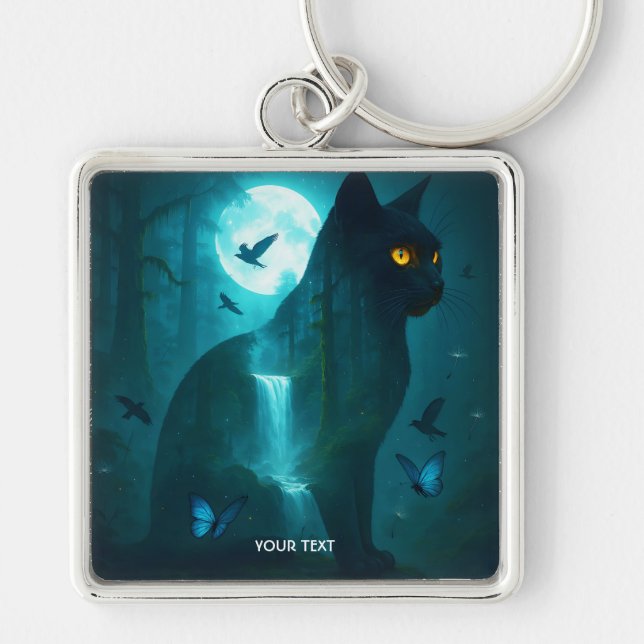 Fantasy Cute Black Surreal Cat Keychain (Front)