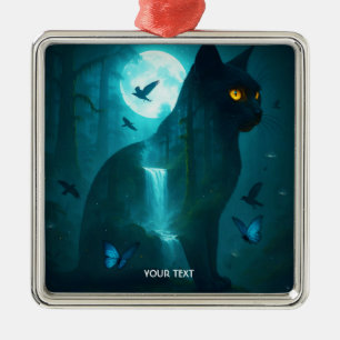 Fantasy Cute Black Surreal Cat Metal Ornament