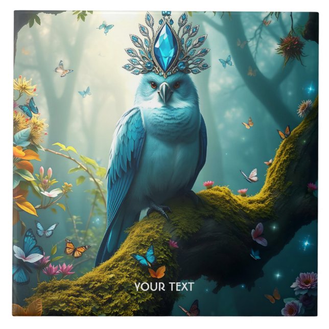 Fantasy Cute Blue Bird Forest Ceramic Tile (Front)