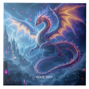 Fantasy Cute Blue Dragon City Ceramic Tile