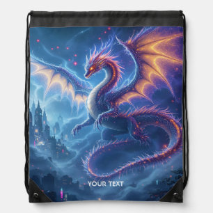 Fantasy Cute Blue Dragon City Drawstring Bag
