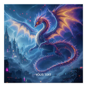 Fantasy Cute Blue Dragon City Poster