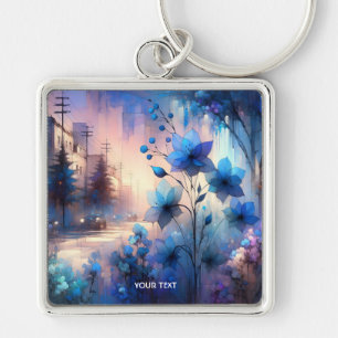 Fantasy Cute Blue Flowers City Keychain