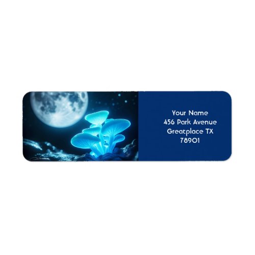 Fantasy Cute Blue Mushrooms Moon Label