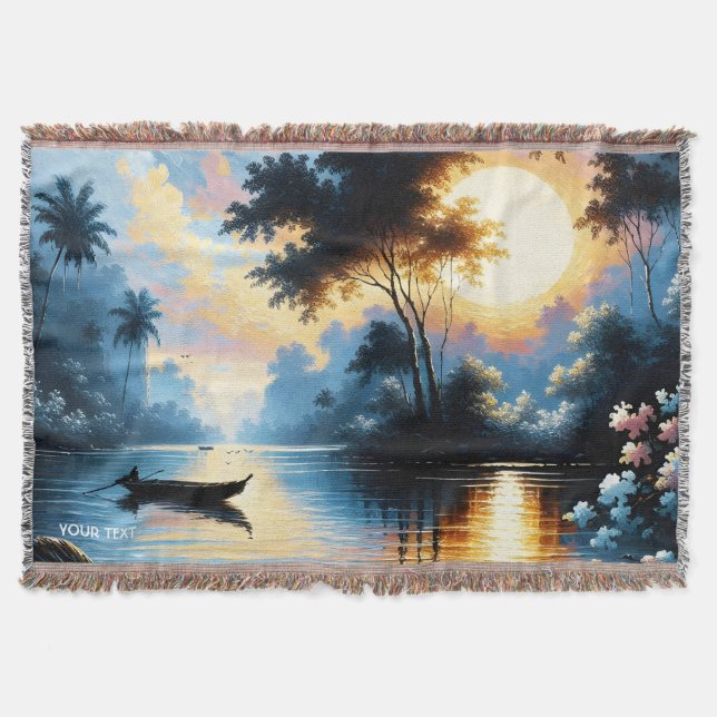 Fantasy Cute Boat Sunset Lake Throw Blanket (Front)