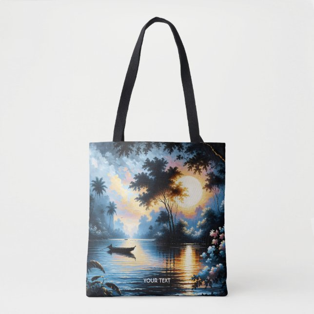Fantasy Cute Boat Sunset Lake Tote Bag (Front)