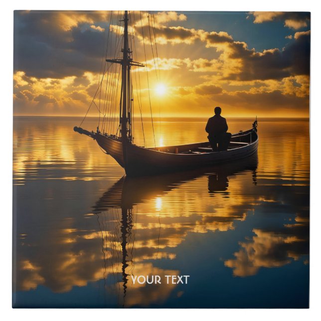 Fantasy Cute Boat Sunset Sea Ceramic Tile (Front)