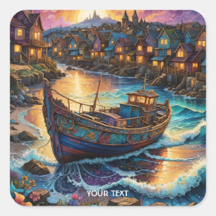 Fantasy Cute Boat Village Sunset Square Sticker