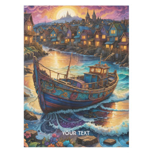 Fantasy Cute Boat Village Sunset Tablecloth