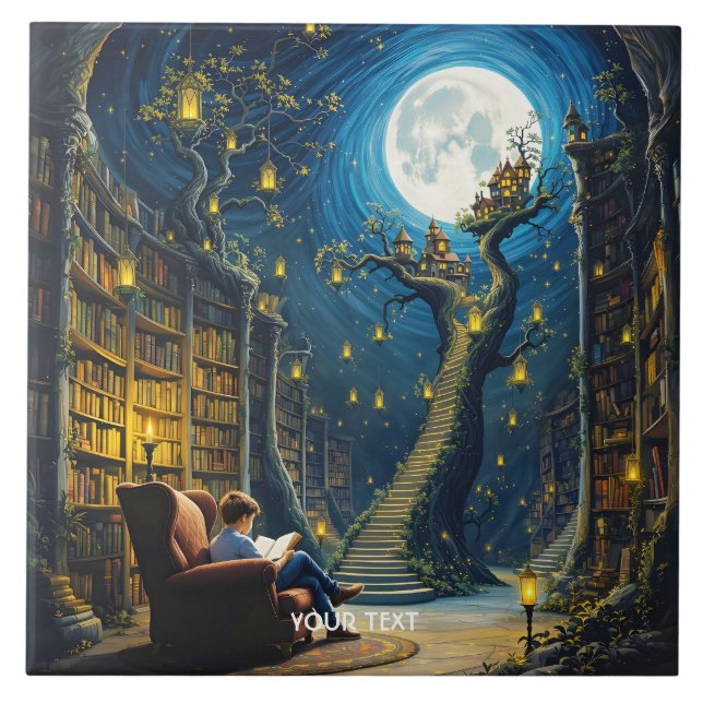 Fantasy Cute Boy Tree Library Ceramic Tile (Front)
