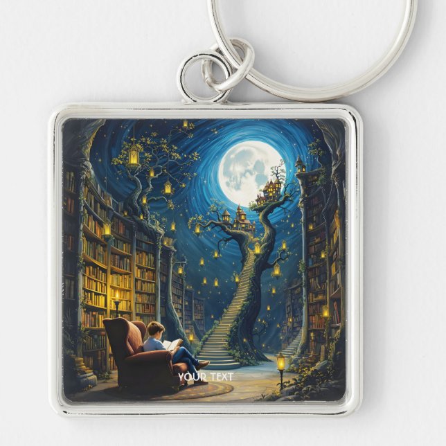 Fantasy Cute Boy Tree Library Keychain (Front)