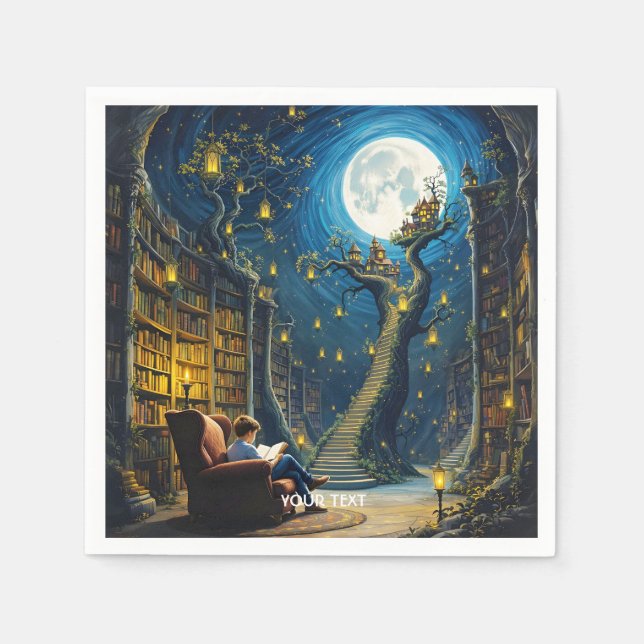 Fantasy Cute Boy Tree Library Napkins (Front)