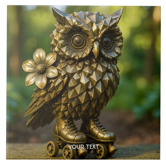 Fantasy Cute Brass Owl Skates Ceramic Tile (Front)