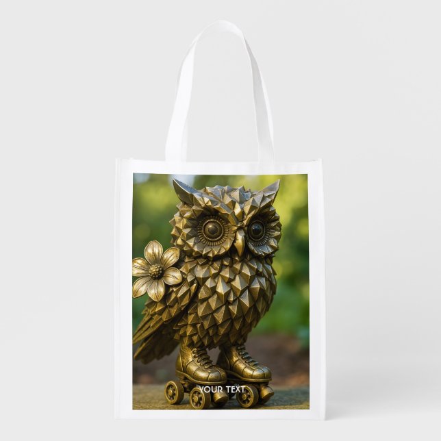 Fantasy Cute Brass Owl Skates Grocery Bag (Front)